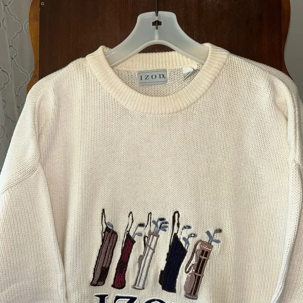 Vtg Izod Sweater Pull Over Embroidered Golf Clubs 100% Cotton Knit Cream Large